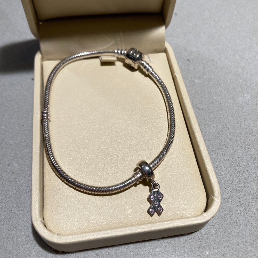 Silver Pandora Bracelet with Breast Cancer Awareness Charm